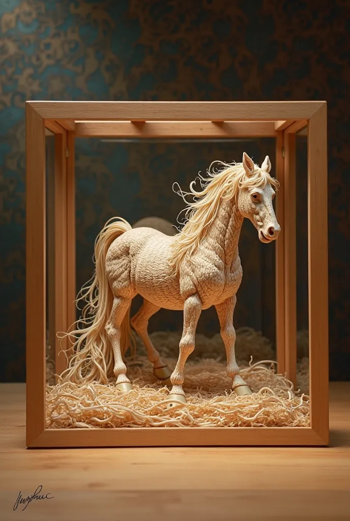 
Put a totora horse ornament in a wooden box with a glass front and a mirror background
