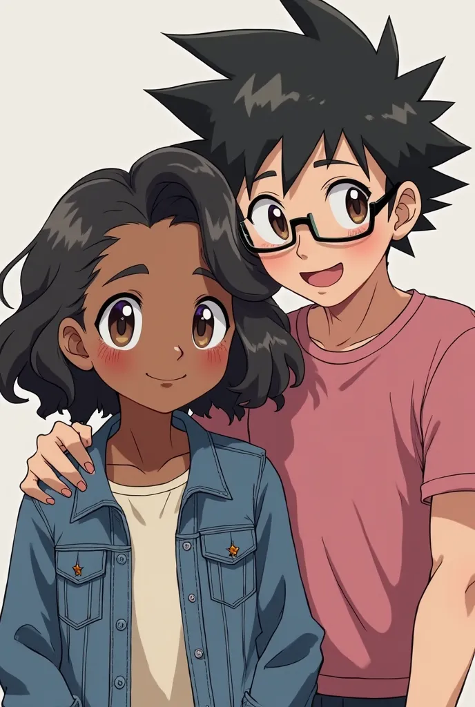 anime-style photo reference to " Pokemon "  a dark-skinned girl with short wavy black hair,  with brown eyes, with a jean jacket ,with a fair-skinned boy, black hair and black glasses and brown eyes with a pink t-shirt