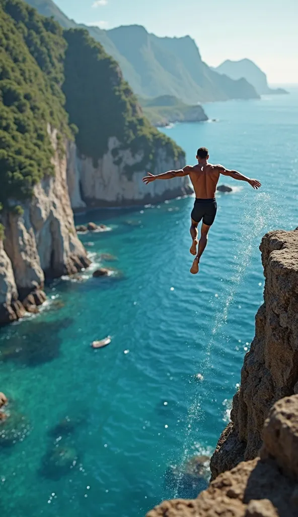 A man jumps and dives into the blue ocean with water from a hill. He dives from the air into the water , hands towards the water 

As a professional diver and swimmer 