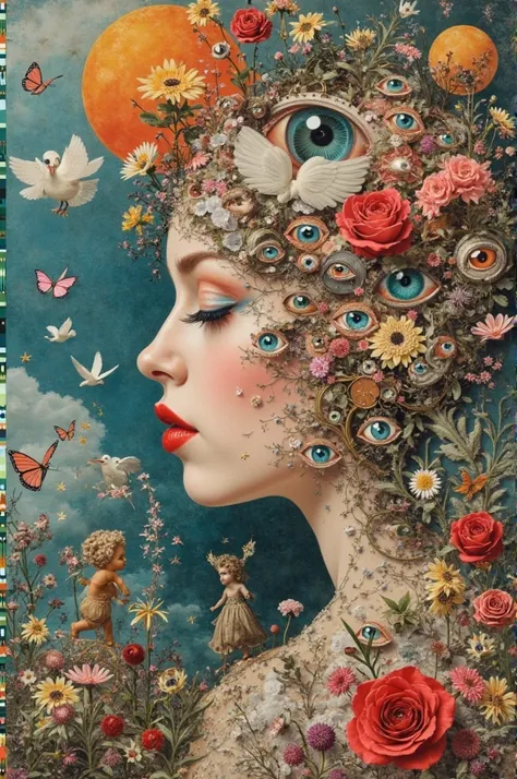 A mesmerizing collage composition unfolds, weaving elements of surrealism, vintage aesthetics, and dreamlike juxtapositions into a single, intricate tapestry. Dominated by an omnipresent theme of eyes—embedded within flowers, scattered across landscapes, a...