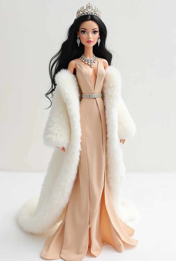 Create a Barbie of a woman , box named Laura Galaretto wearing a long flowing dress by Vivianne Westwood in the color beige.  To complete the look , wearing a white fur coat,earrings and a delicate necklace by Jahan Geneve, A tiara . long black hair , whit...