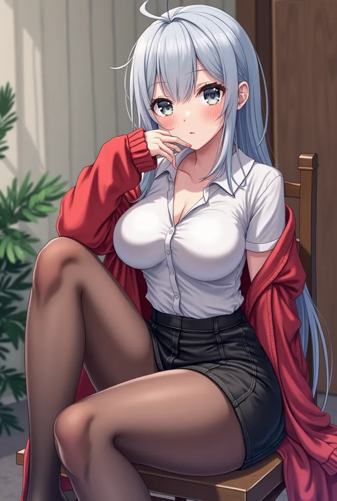 Anime style female gender physical characteristics of the body of the female character anime watching a 90 meter being very tall the position she is in her body is sitting on a chair with one leg crossed on top of the other in a provocative and sensual way...