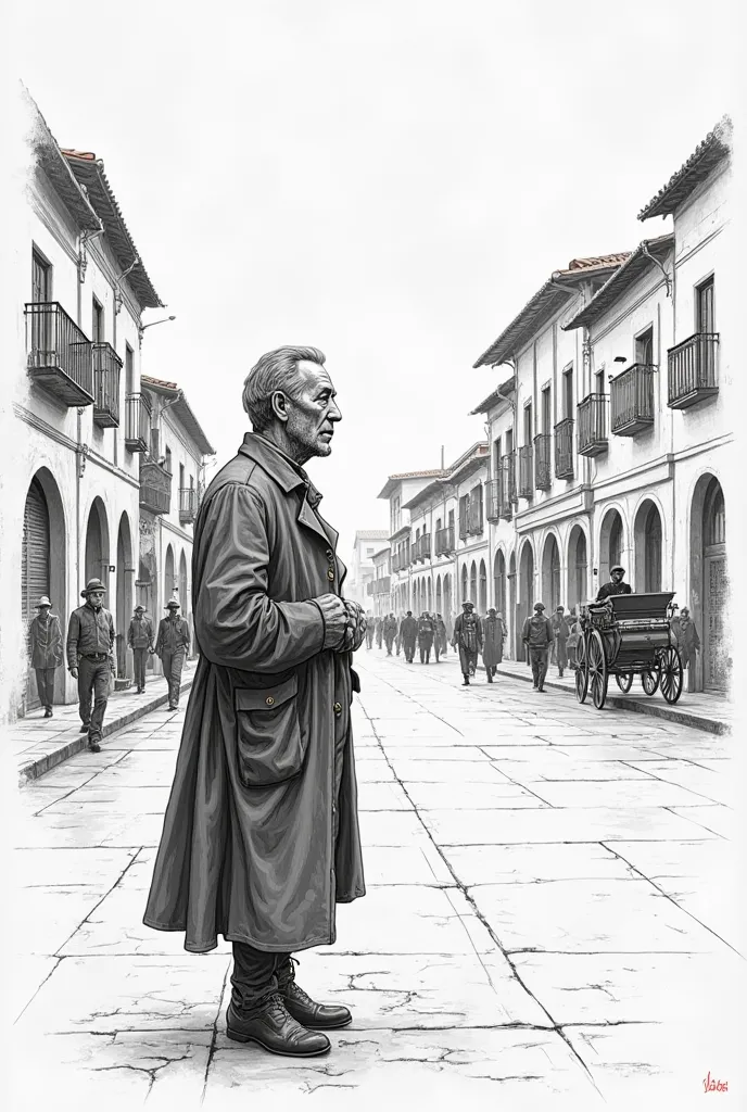 Don Alfonso is standing on a street in Quito, with a pale and worried face. Around you, the city bustles with people and carriages. He looks at the ground, reflecting on his honor and his debt. His expression is one of anguish and despair. Simple drawing i...