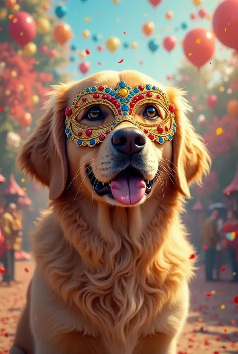 Golden retriever with carnival mask