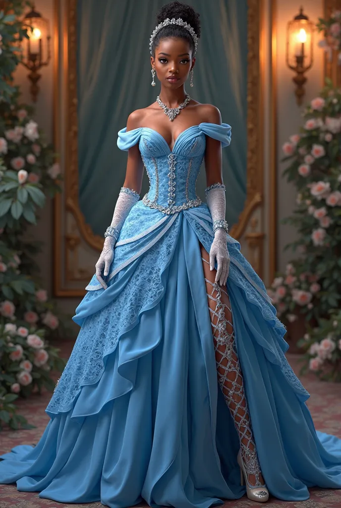 can you show me tiana’s blue dress with a corset, a slit in the leg, lace gloves