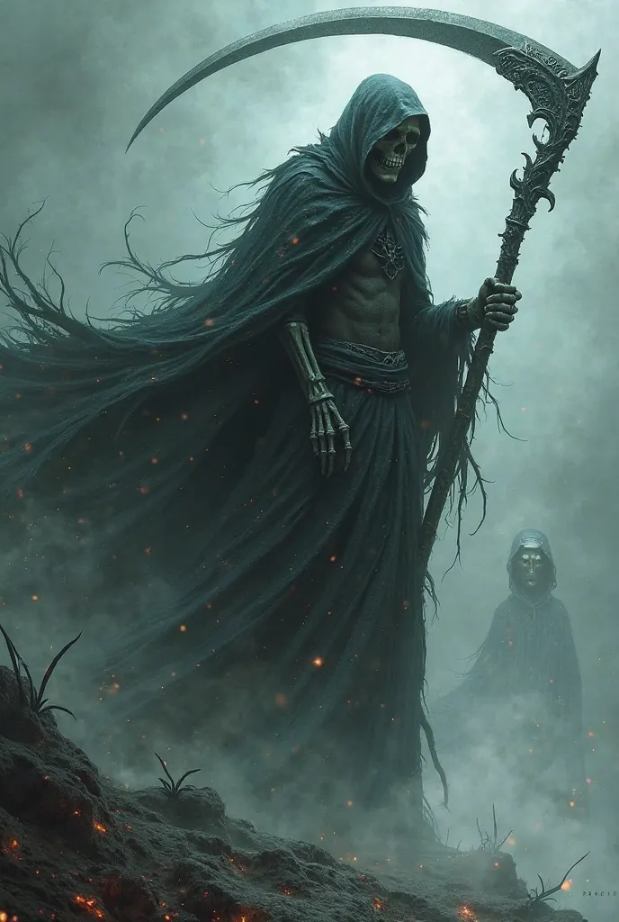 A ripper raising his scythe and ready to attack, from which spirits emerge