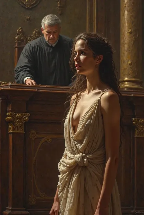 A beautiful sexy Roman woman asking for clemency before an American judge