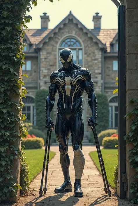 Mansion with garden and with the front door of the house, Venom standard costume coming off crutches and with bandage on the leg, And on the arm 