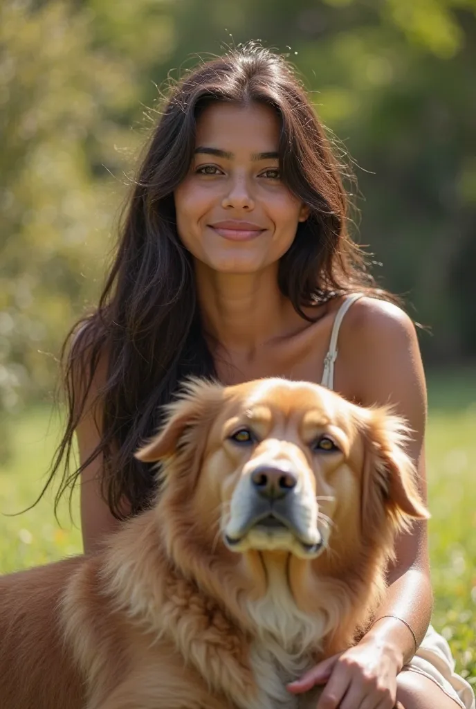 22-year-old girl with long straight hair of Latin origin that the photo looks natural without a camera with her dog