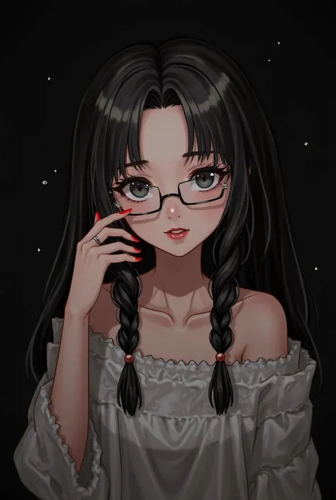 prompt: 1 girl, Alone , long hair, flow looking at the spectator, black hair, bare shoulders, joyería,  braid, glasses, mole, twin  braids, Lips, nails, eyelashes, under the eye, make-up, perforating , ring, black background, joya, portrait, beads, realist...