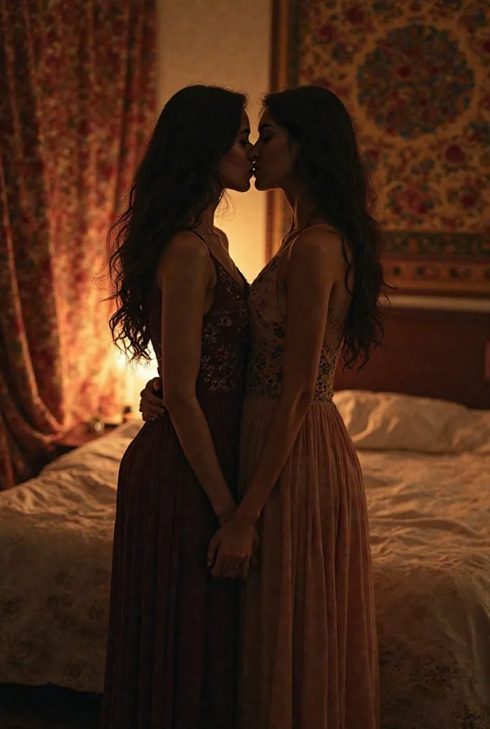 two lesbian Persian girls tall dress kissing in the bedroom 