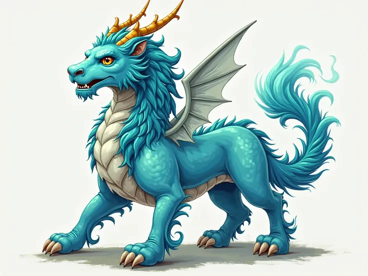 Create a qilin with a lion body, horse legs and a dragon head looking up 45 degrees to the right, with small wings on its back and horns, fur on its legs, the qilin's color is cyan and its analogous cyan.