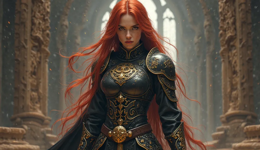 White woman with long, straight red hair with slight waves. Determined face with arched eyebrows, full lips, screaming in fury, high cheekbones, light skin tone with freckles, defined jaw. Golden eyes with an intense glow with an angry expression. Height 1...