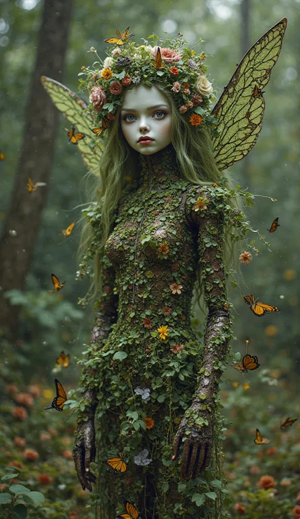  merge ,A puppet fairy figure wrapped in a vine of plants and flowers,　Deep Forest,　GLOWING CUE FULL BODY, 　Art Nouveau,　fantasy,　 cyber 　beautiful doll face,  The face is a clear, fair face, The body is a machine, Hair is green vines,  Full Body Image,　 f...