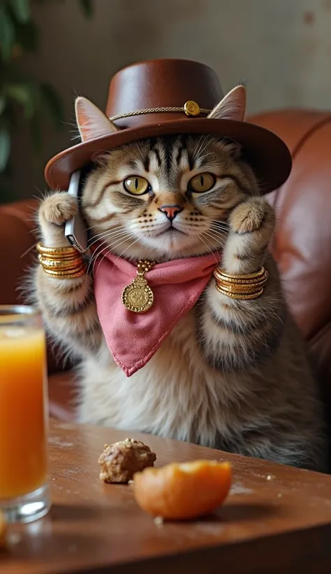 A cat wearing a leather hat with a medal on the front,standing around a table in a jug of juice,a cat in a pink handkerchief with gold bracelets on her arm sitting on the leather couch holding her cell phone in her ear