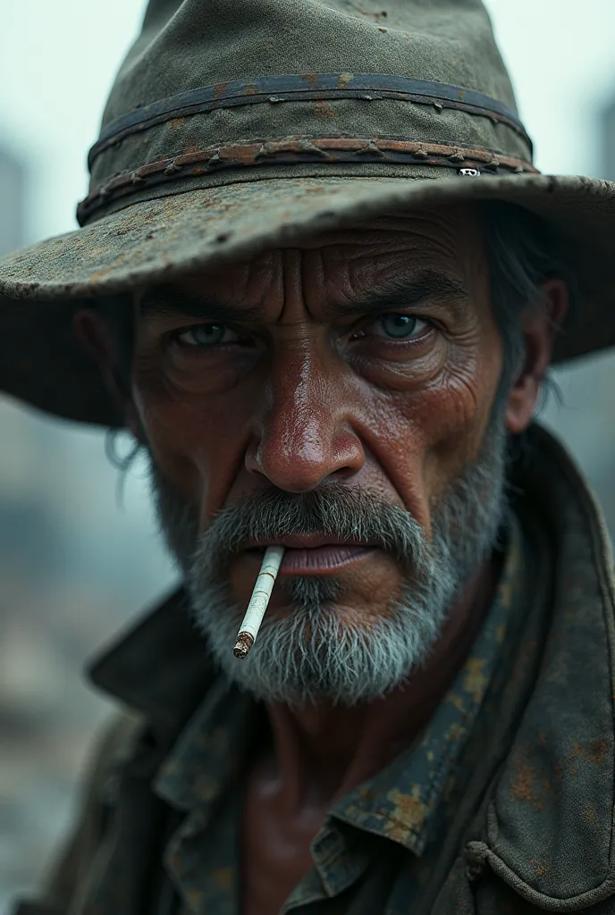 an apocalyptic image of fps games focused only on the face of a character close to 45 years old with a straw hat and a cigarette in his mouth