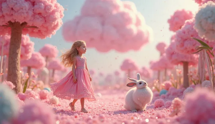 A  loosely haired blonde girl in a pink dress and a white rabbit crossing a candy forest with a huge pink cotton cloud 