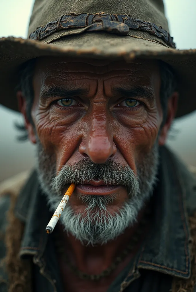 an apocalyptic image of fps games focused only on the face of a character close to 35 years old with a straw hat and a cigarette in his mouth