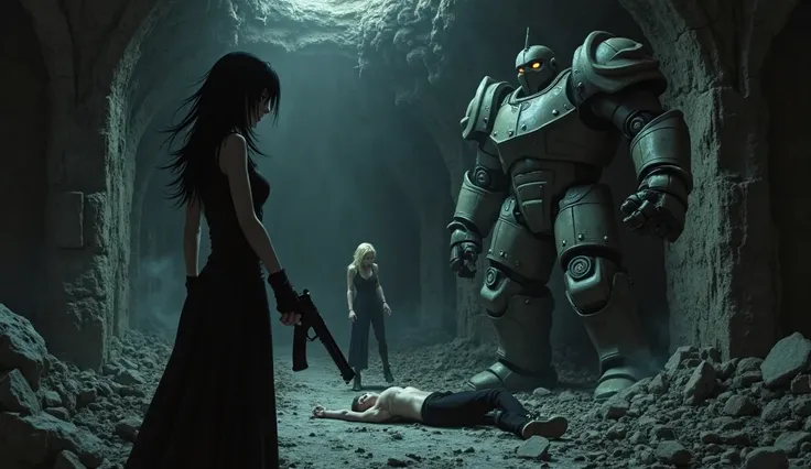 "A dark scene in a destroyed underground laboratory. Lust, a tall woman with black hair and golden eyes, sadistically smiles as she confronts Riza Hawkeye, Jean Havoc e Alphonse Elric. Riza holds her gun with hands shaking with tension, while Havoc is seri...