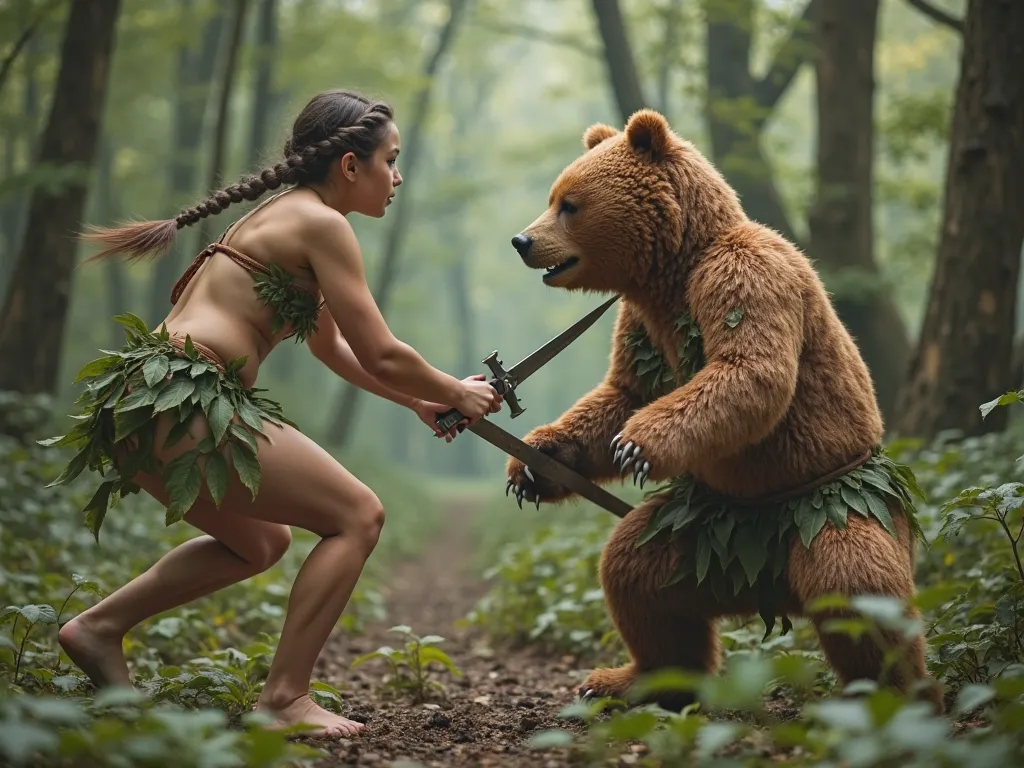 in a forest, 18-year-old girls wearing bikinis made of leaves,  with braids, Carrying swords , fighting to the death against small teddy bears, about half a meter, with steel claws , the bears are defeating them