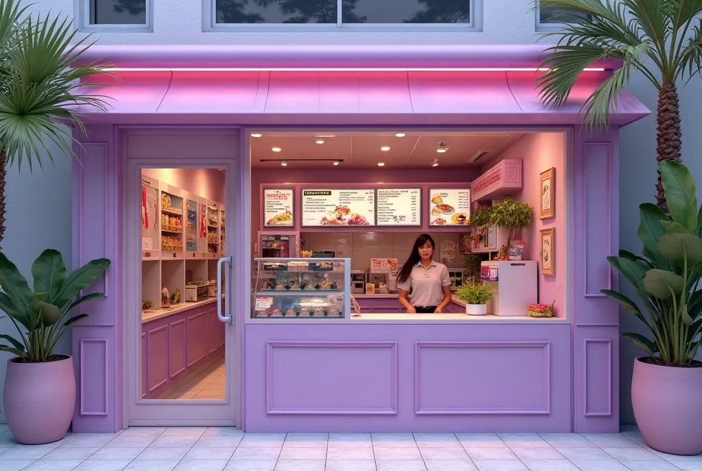 Ice Cream Shop Front, ice cream parlor, fast food, mc donalds style, some TVs with advertising, It's just a pick-up counter, predominant color purple/ lilac, tropical decor, Modern small store, with glass on the door, a front of 5 meters in length. Store w...