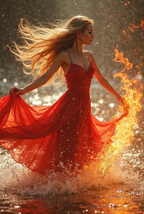 Dancing girl in water and fire,  long golden hair,  red dress,  lots of passion