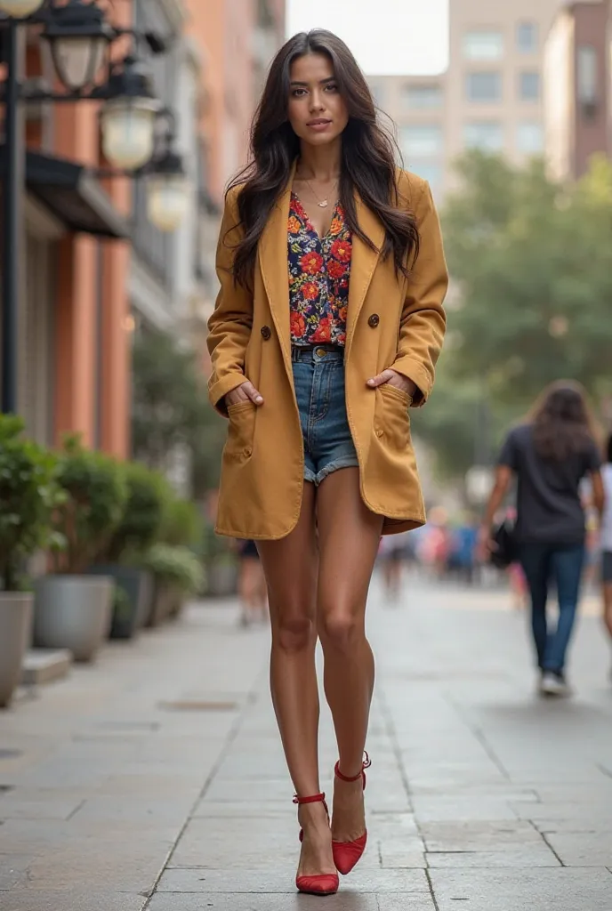 Pretty young Mexican student,  who has good fashion taste to dress,  with high heels  