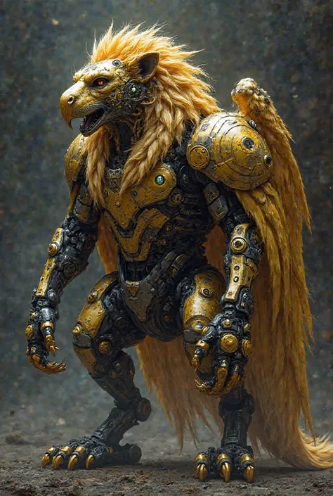 A chimera of lion, eagle and scorpion in gold and black, 2D mechanics in the form of a robot