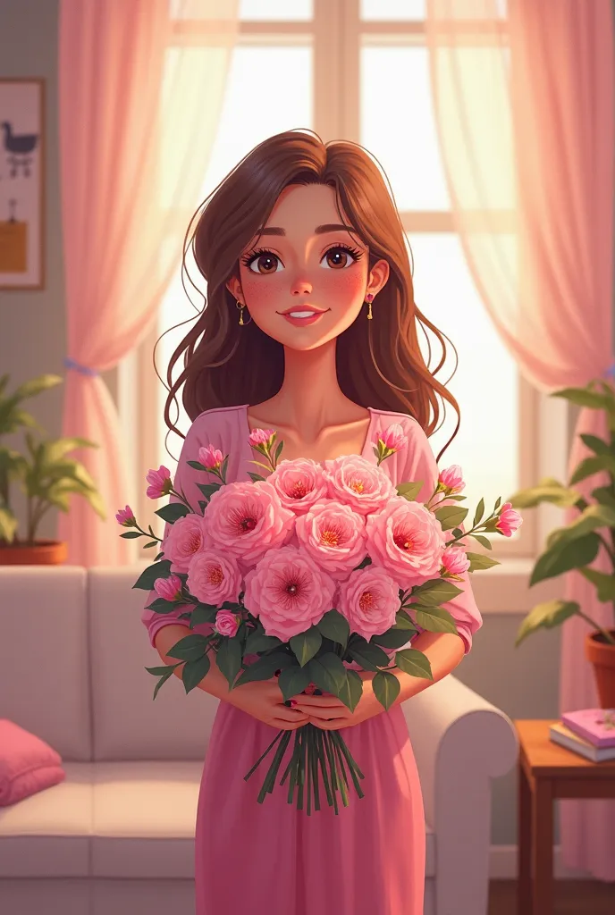 Create an illustration for the song according to Svetka Sokolova's birthday
She is thirty years old today
I'm bringing congratulations as a gift
And a beautiful pink bouquet