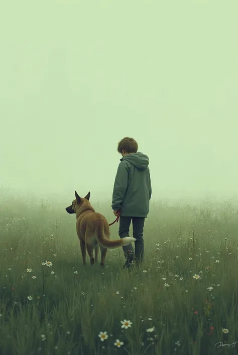 Lonely person without friends accompanied alone by their dog in the field