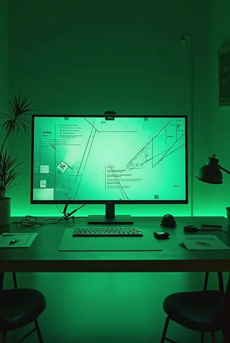 A minimalist design table with a large screen in focus, displaying an elegant design layout And professional in shades of green neon. There are no human figures, only design elements such as geometric shapes, fine lines and modern typography being adjusted...