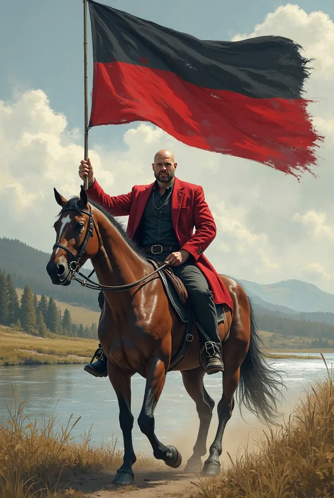 Generate a very strong, muscular, bald man who is 170 cm tall and weighs 140 kg, wearing a black shirt and a red blazer. He is riding a horse with strong legs and a powerful body in nature near a river, holding a flag with only two horizontal colors: red i...