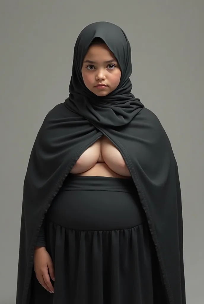 The hijab and the tight black cloak attached to the body of a fat girl at the age of 14. The chest is exposed 