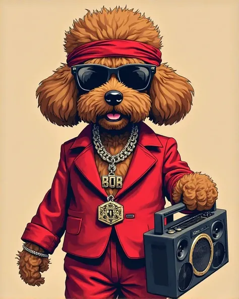 with a human body,  Holds a  . is wearing a Westside hip-hop style red set up suit, Wear sunglasses and chain necklaces. The necklace has the name BOB、The dog has a red bandana wrapped around his head、Create a graphic design and illustration of a brown fuz...