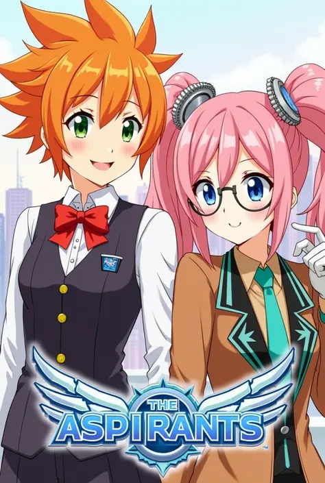 Image is a vibrant, anime-style illustration featuring two female characters with distinct appearances. The character on the left has bright orange hair styled in a voluminous, spiky manner, with green eyes and a cheerful expression. She wears a white blou...