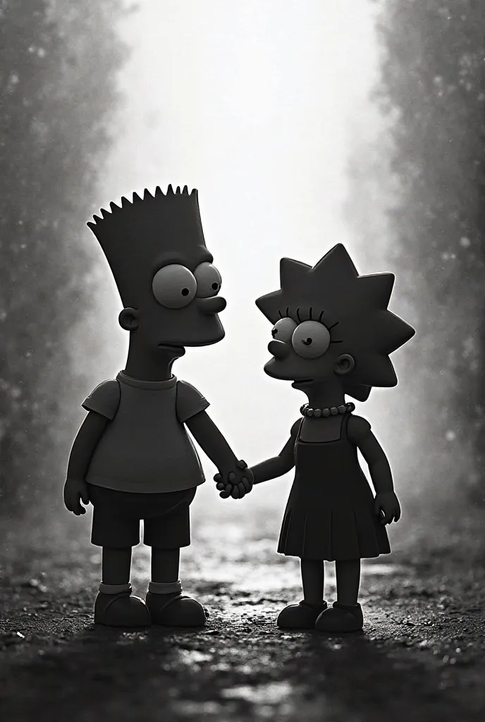 Bart et lisa simpson qui se tiennent la main. Le fou est completement flou. Seules les mains qui touche la toile en premier plan est mis en valeur. Couelur de palette noir et blanc
