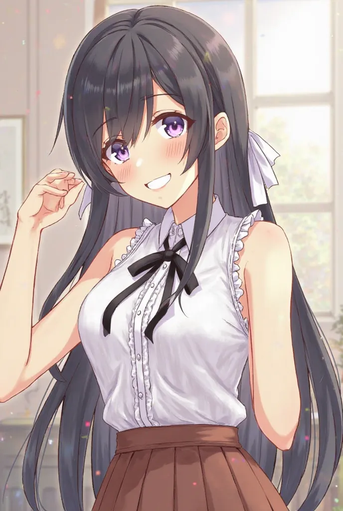  1girl, black hair, long hair, ahoge, white_ribbon, hair_ribbon, white_ribbon, purple eyes, perfect breast, smile, grin, black neck ribbon, sleeveless shirt, white shirt, buttons, frills, high-waist_skirt, brown_skirt, sidelocks, frilled_shirt, striped, sh...