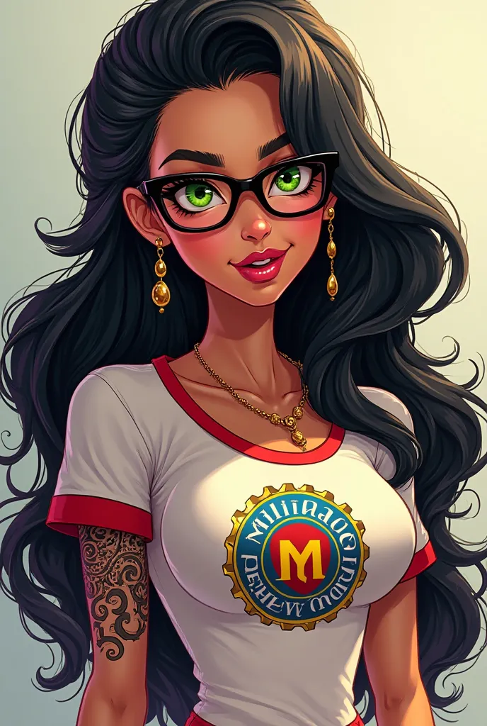 Animated woman, with green eyes, long curly black hair,  busty , with glasses, thick lips and a tattooed arm and Millonarios FC t-shirt 