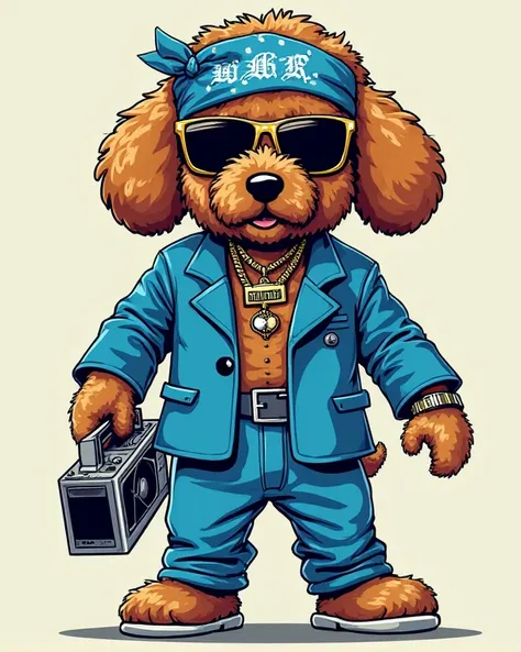 with a human body,  Holds a  . is wearing a Westside hip-hop style blue setup suit, Wear sunglasses and chain necklaces. The necklace has the name BOB、The dog with a blue bandana wrapped around his head、Create a graphic design and illustration of a brown f...