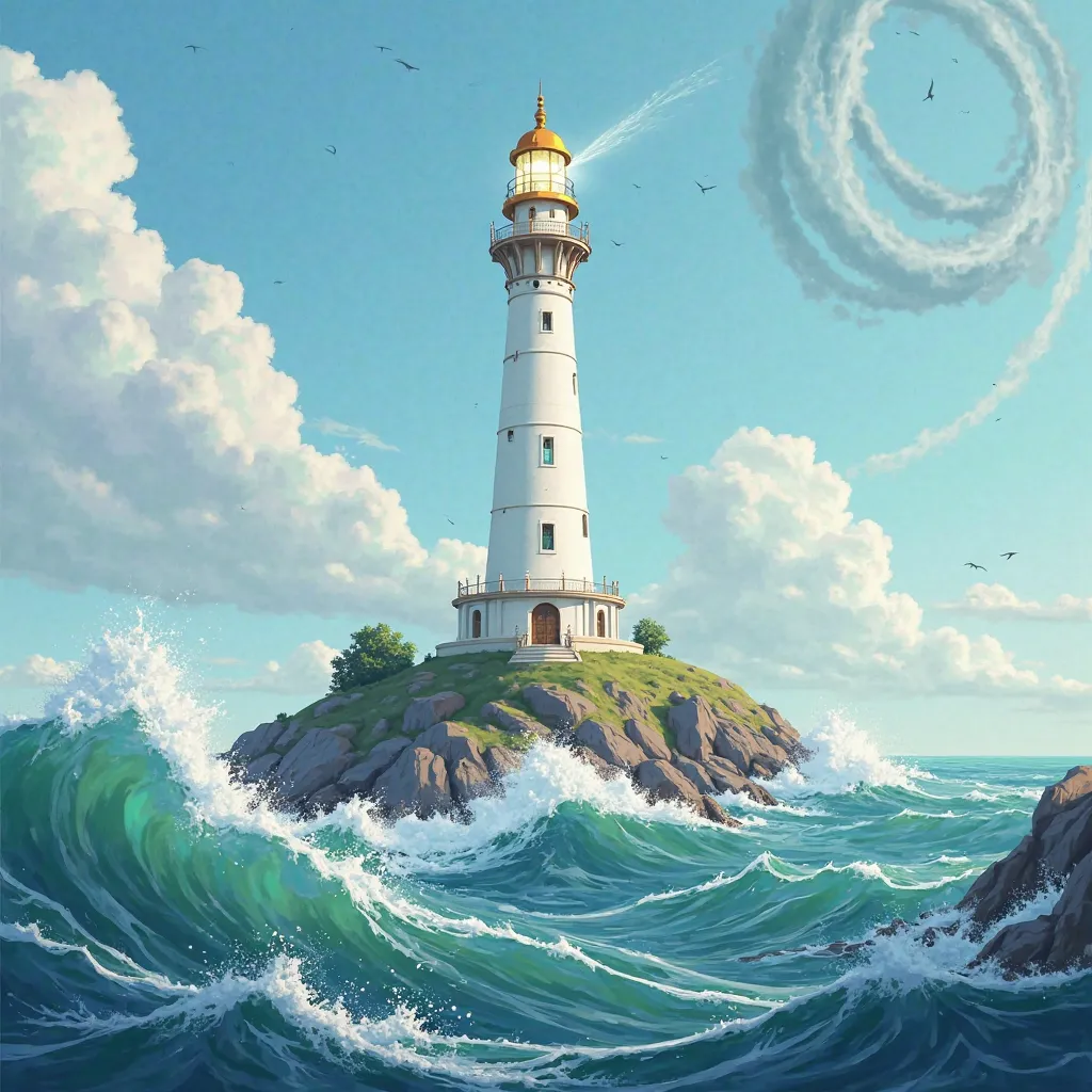 create an illustration of a white lighthouse on the golden top in the middle of the ocean with several waves and a whirlwind under the tower