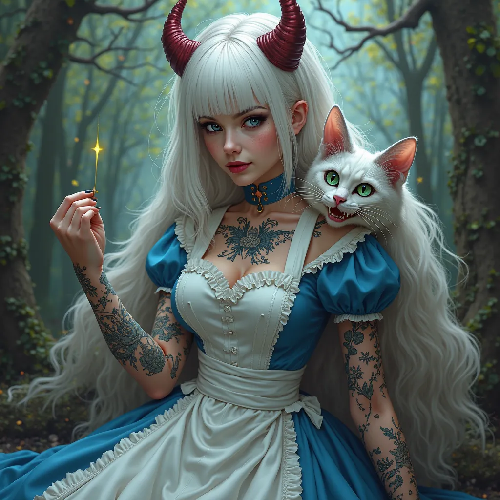 
Sexy Alice in Wonderland, with a blue dress and a white apron,, white hair and tattoos, red horns, with the magic cat 