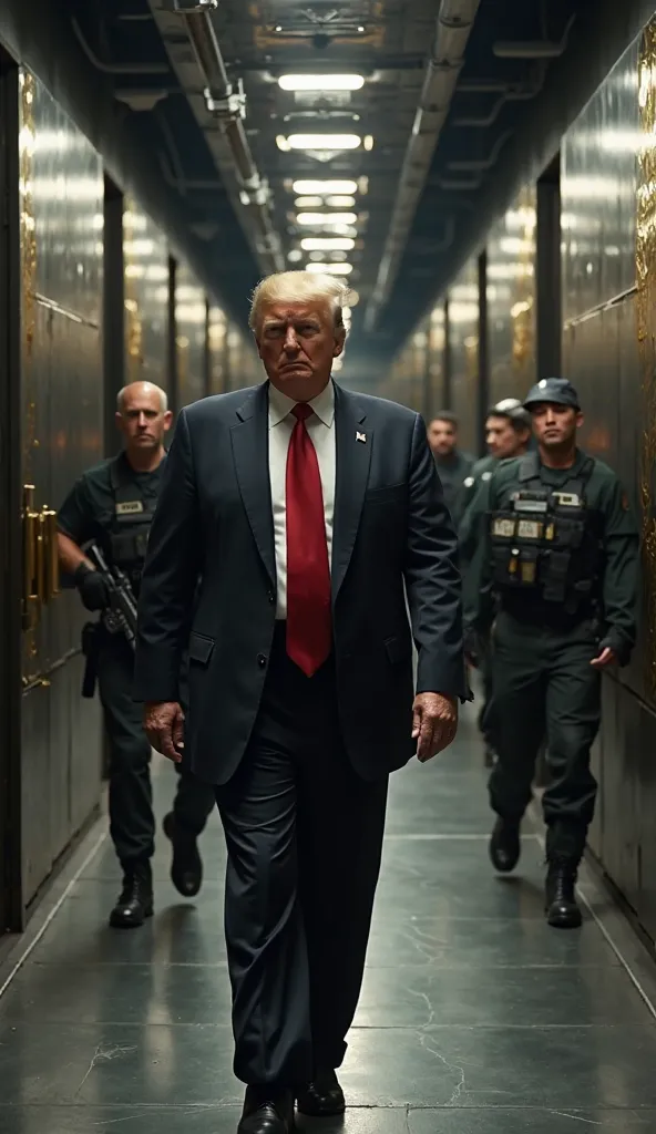 Donald Trump, in a dark, high-tech underground bunker, walks briskly down a long, dimly-lit hallway. His face is stern, reflecting the gravity of the situation as he enters a large, secure room. The bunker is a mix of luxurious and utilitarian, with polish...