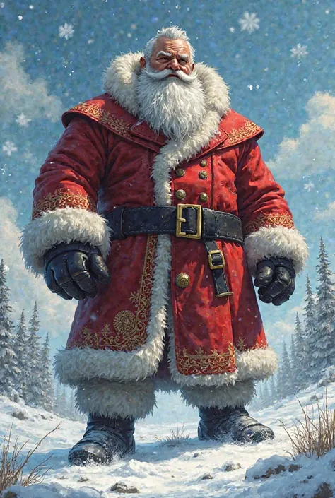 Muscular Russian Santa Claus in normal clothes but wearing a red coat anime drawing