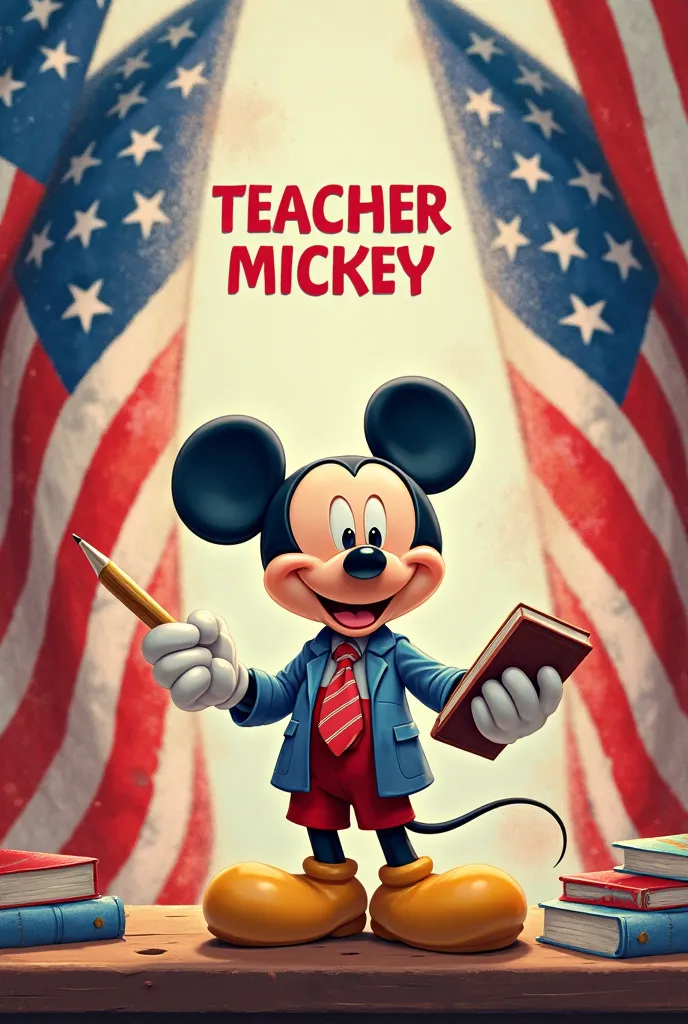 Create Mickey Mouse with several flags of the United States and next to it that says teacher Mickey