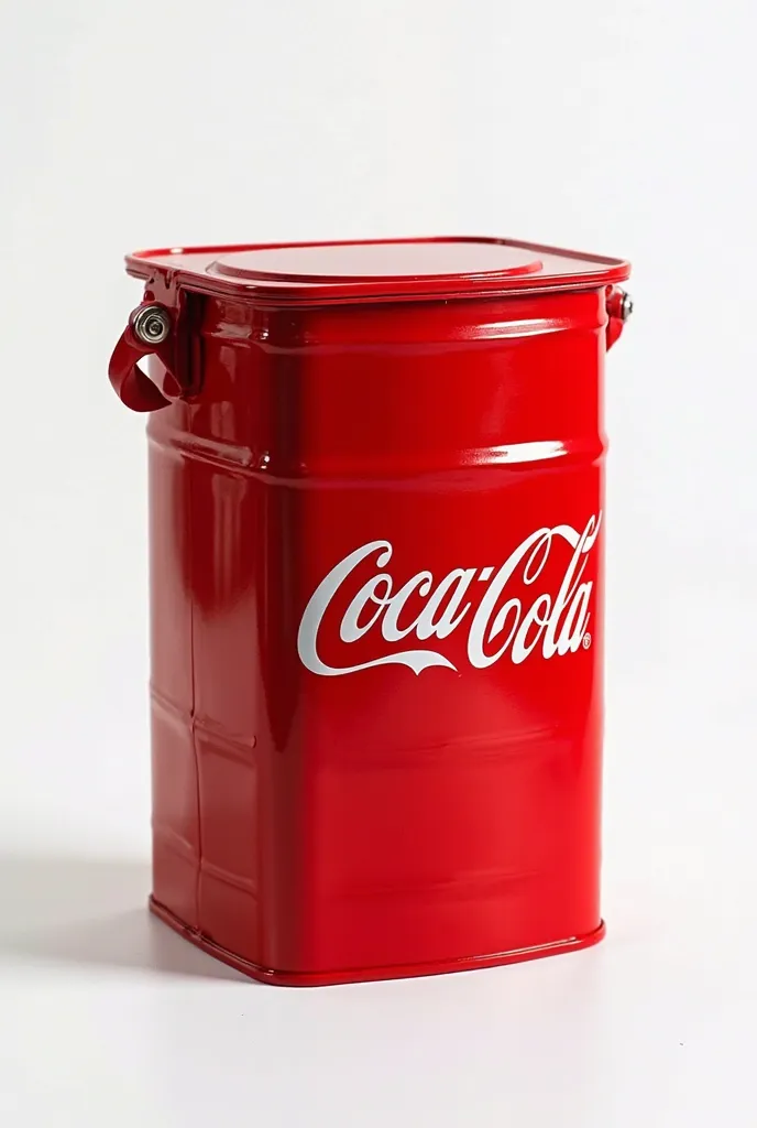 Create a rectangular metal container with a safety lid. It has an industrial design, generally used to store and transport liquids such as solvents, oils,  Chemical Products . That it is red and that it has the Coca-Cola brand