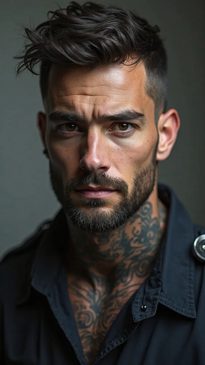 Young hot police officer. large,  muscular, but wiry. face: Distinctive cheekbones, Sharp jaw , darker three-day beard. Cold steel gray eyes,  penetrating look . dark, short cut , slightly tangled hair. Tattoos. 