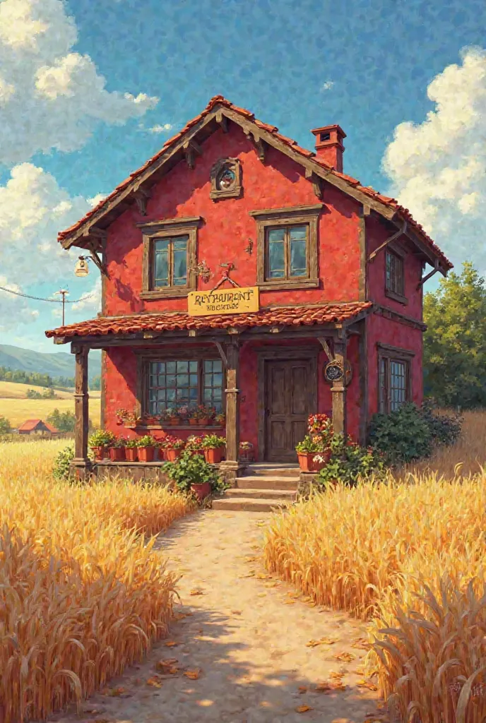 Generate the exterior for the restaurant with red color near the wheat field in peasant style