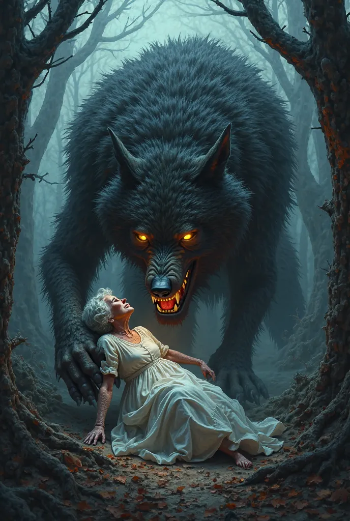 An image where the big bad wolf is eating grandmother and another of the East NDE with grandmother's clothes