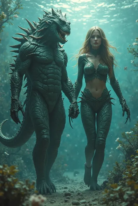 A man and a woman who evolved and now have gills, sharp teeth and finned arms with claws to become marine beings after future global warming.
And also ones that are out of water with alligator-like skin to make them resistant 