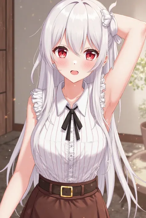  1girl, white hair, long hair, ahoge, white_ribbon, hair_ribbon, white_ribbon, crimson red eyes, perfect breast, poker face, black neck ribbon, sleeveless shirt, white shirt, buttons, frills, high-waist_skirt, brown_skirt, sidelocks, frilled_shirt, striped...